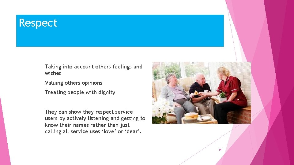 Respect Taking into account others feelings and wishes Valuing others opinions Treating people with