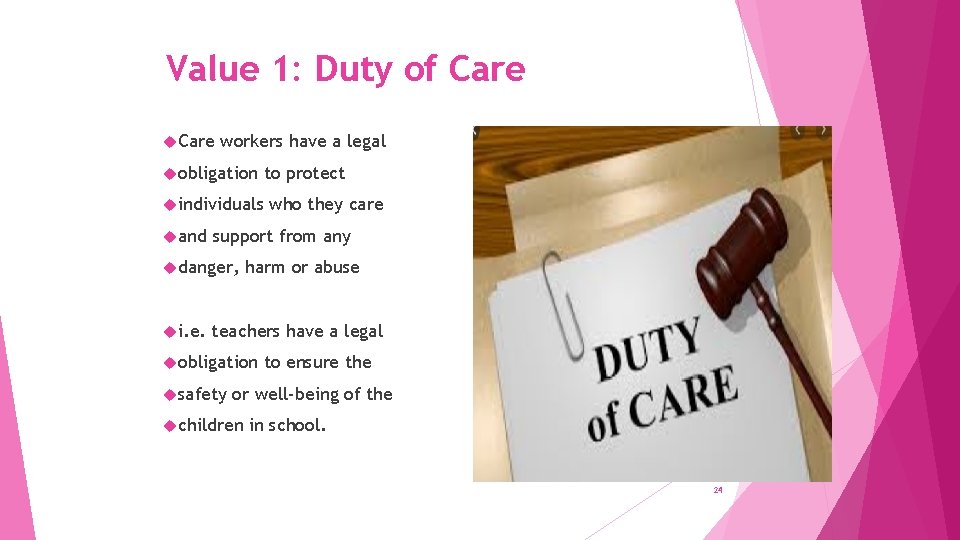 Value 1: Duty of Care workers have a legal obligation to protect individuals and