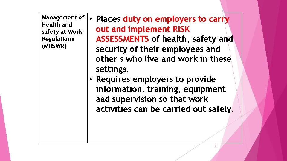 Management of Health and safety at Work Regulations (MHSWR) • Places duty on employers