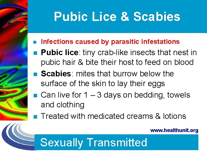 Pubic Lice & Scabies n Infections caused by parasitic infestations n Pubic lice: tiny
