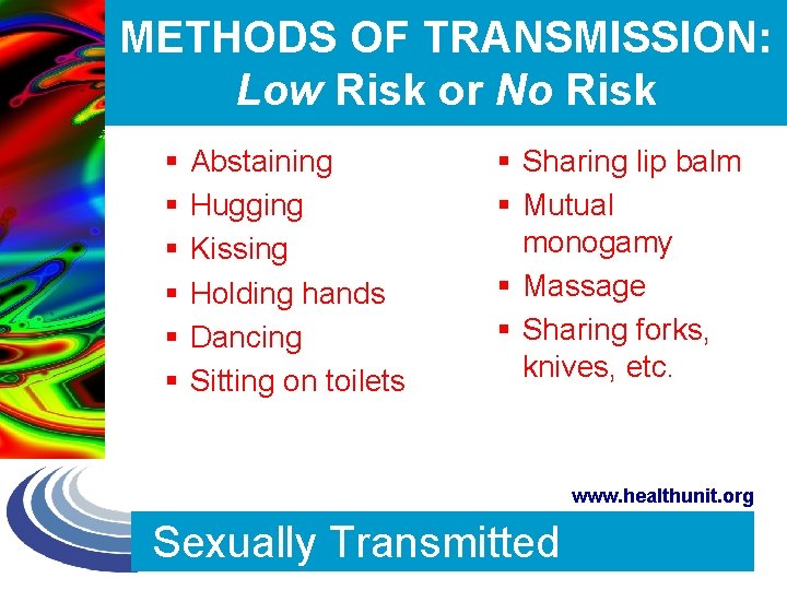 METHODS OF TRANSMISSION: Low Risk or No Risk § § § Abstaining Hugging Kissing
