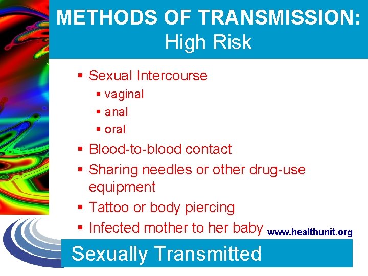 METHODS OF TRANSMISSION: High Risk § Sexual Intercourse § vaginal § anal § oral