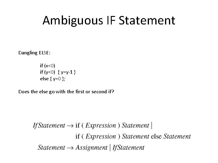 Ambiguous IF Statement Dangling ELSE: if (x<0) if (y<0) { y=y-1 } else {