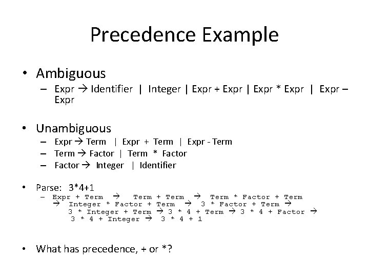 Precedence Example • Ambiguous – Expr Identifier | Integer | Expr + Expr |