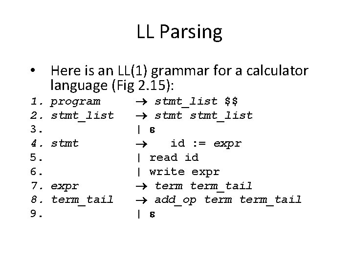 LL Parsing • Here is an LL(1) grammar for a calculator language (Fig 2.