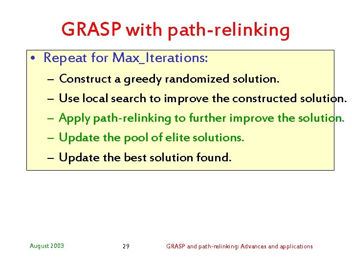 GRASP with path-relinking • Repeat for Max_Iterations: – – – Construct a greedy randomized