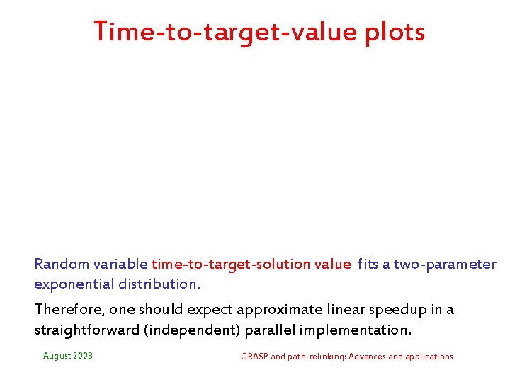 Time-to-target-value plots Random variable time-to-target-solution value fits a two-parameter exponential distribution. Therefore, one should