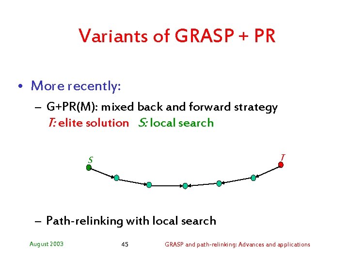 Variants of GRASP + PR • More recently: – G+PR(M): mixed back and forward