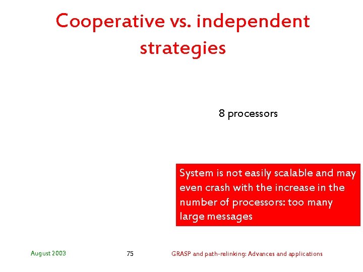 Cooperative vs. independent strategies 8 processors System is not easily scalable and may even