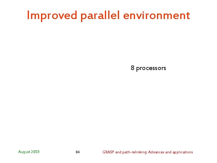 Improved parallel environment 8 processors August 2003 84 GRASP and path-relinking: Advances and applications