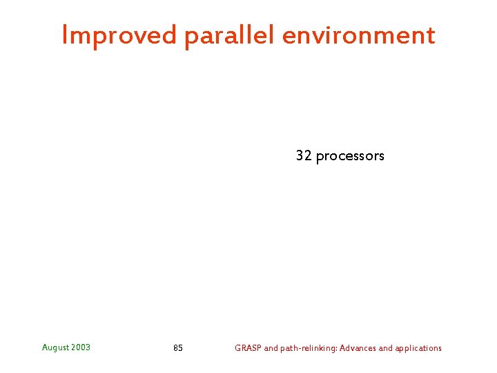 Improved parallel environment 32 processors August 2003 85 GRASP and path-relinking: Advances and applications