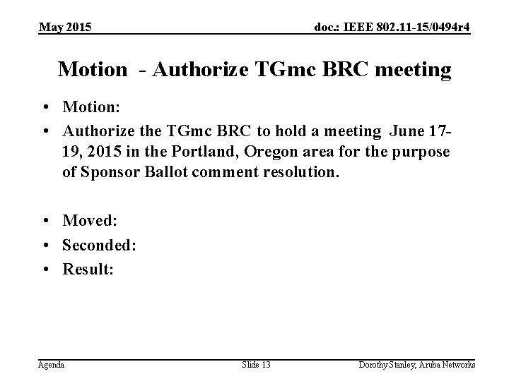 May 2015 doc. : IEEE 802. 11 -15/0494 r 4 Motion - Authorize TGmc