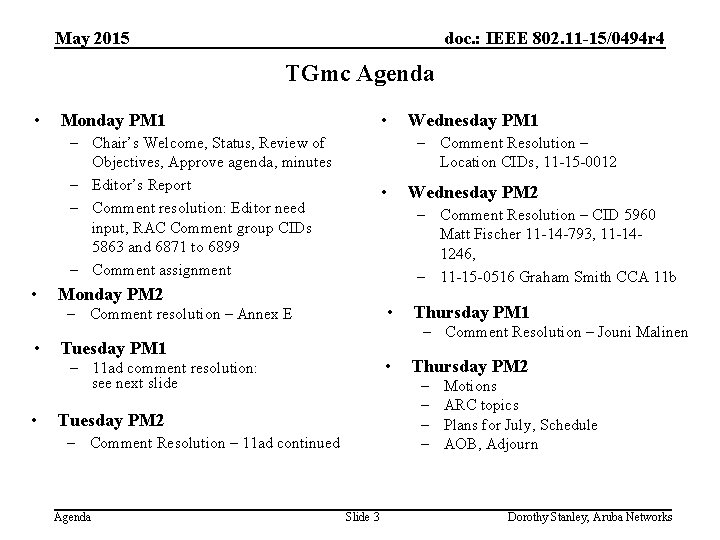 May 2015 doc. : IEEE 802. 11 -15/0494 r 4 TGmc Agenda • •
