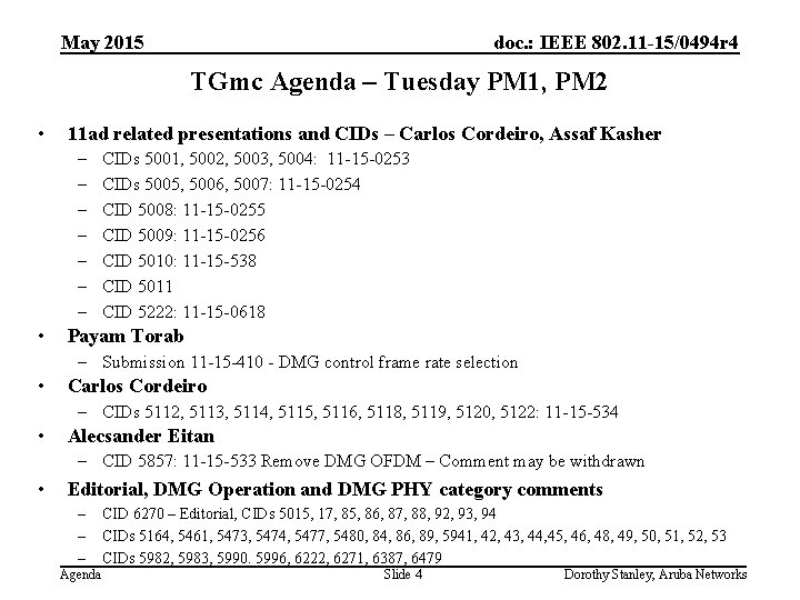 May 2015 doc. : IEEE 802. 11 -15/0494 r 4 TGmc Agenda – Tuesday