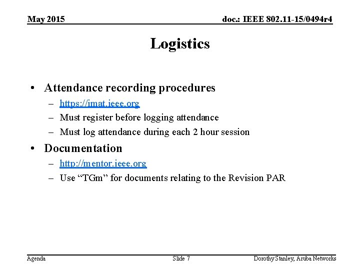May 2015 doc. : IEEE 802. 11 -15/0494 r 4 Logistics • Attendance recording