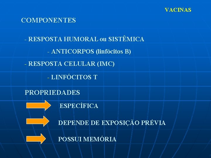 VACINAS COMPONENTES - RESPOSTA HUMORAL ou SISTÊMICA - ANTICORPOS (linfócitos B) - RESPOSTA CELULAR