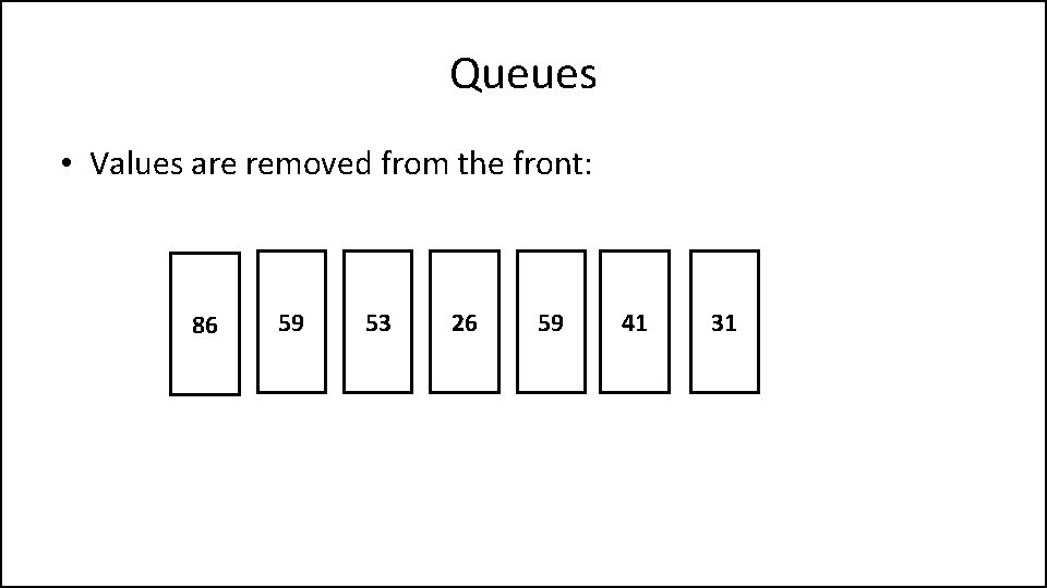 Queues • Values are removed from the front: 86 59 53 26 59 41