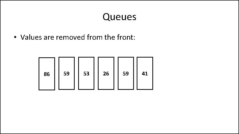 Queues • Values are removed from the front: 86 59 53 26 59 41