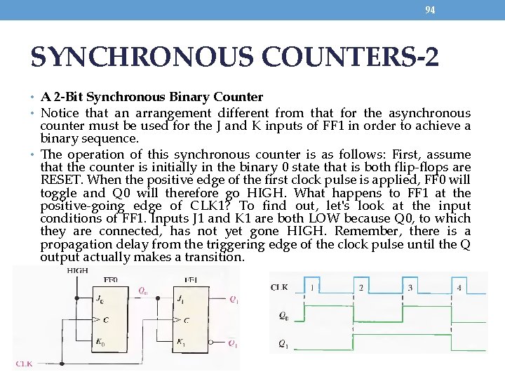 94 SYNCHRONOUS COUNTERS-2 • A 2 -Bit Synchronous Binary Counter • Notice that an