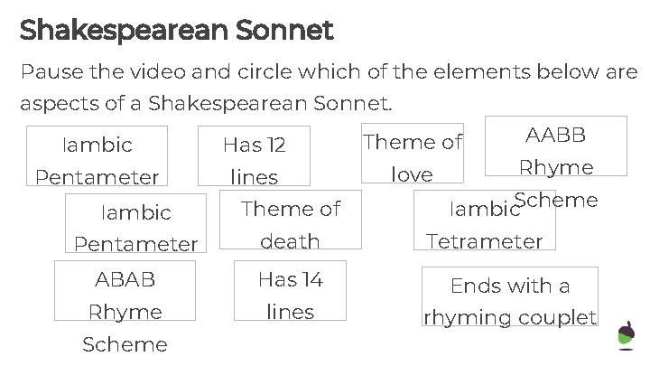 Shakespearean Sonnet Pause the video and circle which of the elements below are aspects