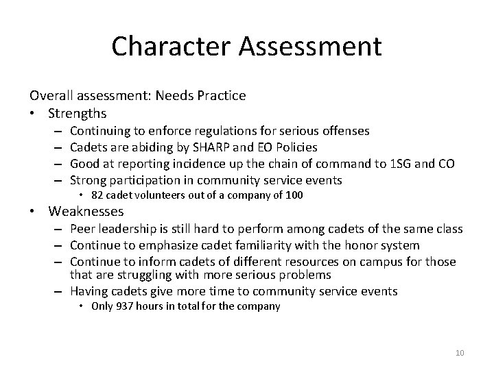 Character Assessment Overall assessment: Needs Practice • Strengths – – Continuing to enforce regulations