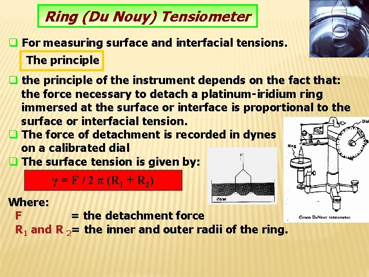16 Ring (Du Nouy) Tensiometer q For measuring surface and interfacial tensions. The principle
