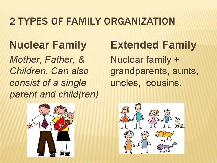 2 TYPES OF FAMILY ORGANIZATION Nuclear Family Extended Family Mother, Father, & Children. Can