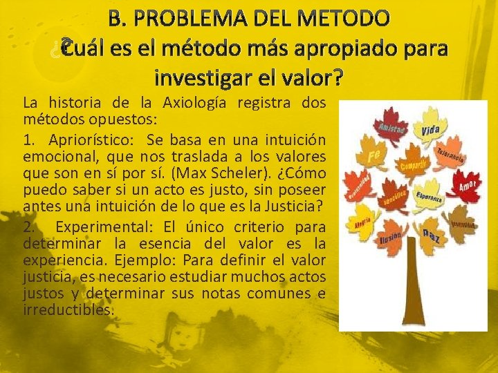 B. PROBLEMA DEL METODO ¿Cuál es el método más apropiado para investigar el valor?
