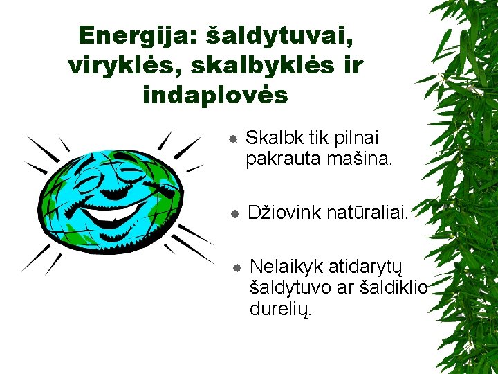 Energija: šaldytuvai, viryklės, skalbyklės ir indaplovės Skalbk tik pilnai pakrauta mašina. Džiovink natūraliai. Nelaikyk