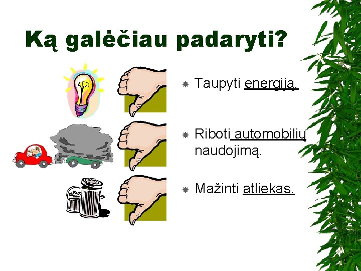 Ką galėčiau padaryti? Taupyti energiją. Riboti automobilių naudojimą. Mažinti atliekas. 