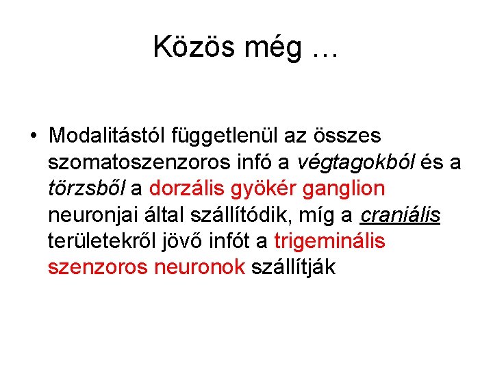 Közös még … • Modalitástól függetlenül az összes szomatoszenzoros infó a végtagokból és a