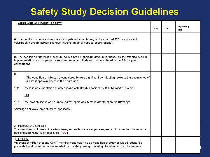 Safety Study Decision Guidelines 1. AIRPLANE ACCIDENT SAFETY YES NO Supporting data A. The