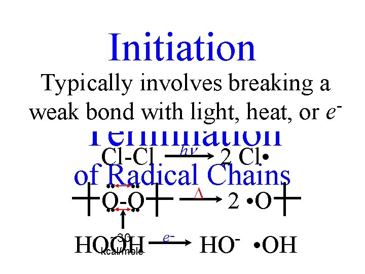 Initiation Typically involves breaking a and weak bond with light, heat, or e Termination