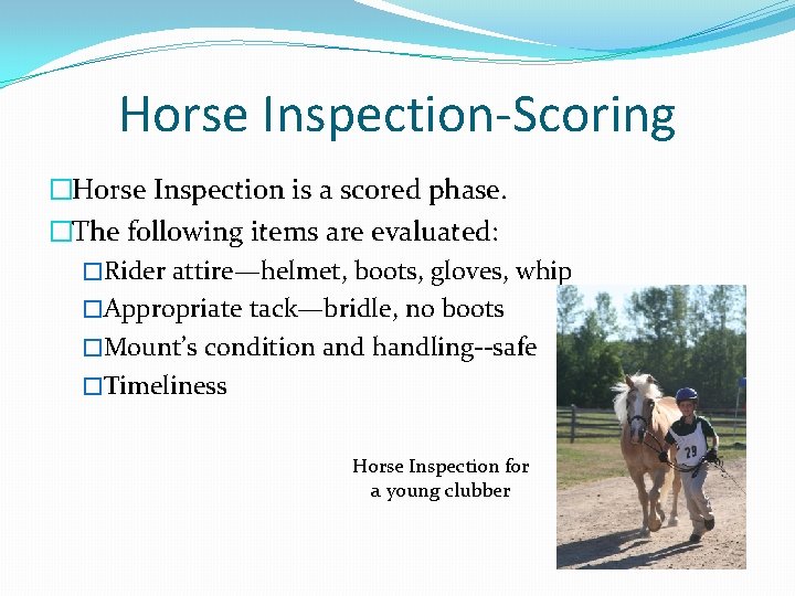 Horse Inspection-Scoring �Horse Inspection is a scored phase. �The following items are evaluated: �Rider