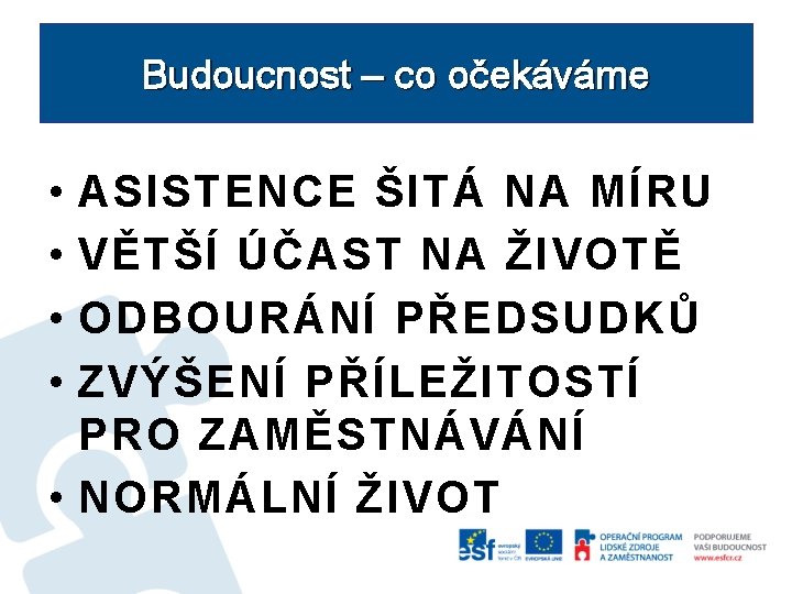 Budoucnost – co očekáváme • • ASISTENCE ŠITÁ NA MÍRU VĚTŠÍ ÚČAST NA ŽIVOTĚ