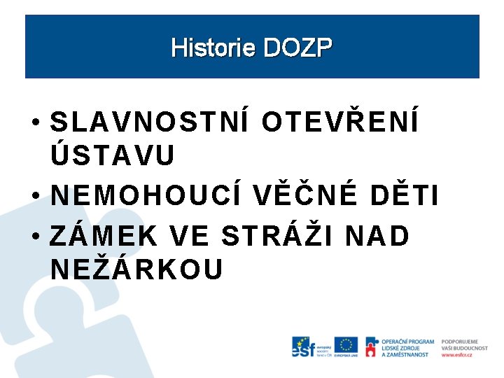 Historie DOZP • SLAVNOSTNÍ OTEVŘENÍ ÚSTAVU • NEMOHOUCÍ VĚČNÉ DĚTI • ZÁMEK VE STRÁŽI