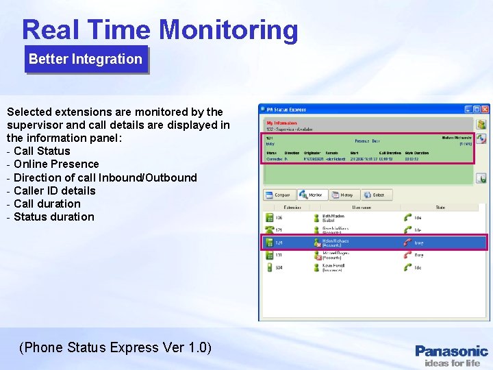 Real Time Monitoring Better Integration Selected extensions are monitored by the supervisor and call