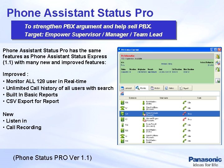 Phone Assistant Status Pro To strengthen PBX argument and help sell PBX. Target: Empower