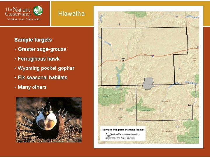 Hiawatha Sample targets • Greater sage-grouse • Ferruginous hawk • Wyoming pocket gopher •