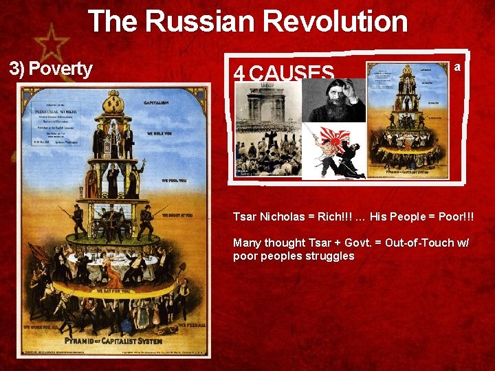 The Russian Revolution 3) Poverty 4 CAUSES a Tsar Nicholas = Rich!!! … His