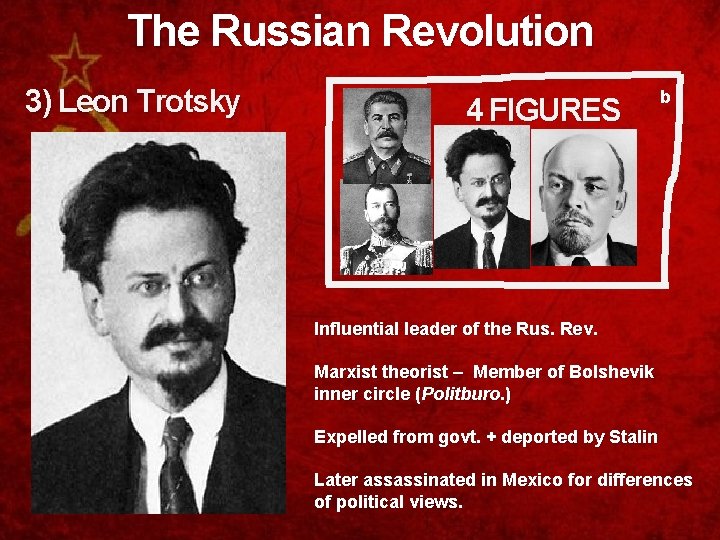 The Russian Revolution 3) Leon Trotsky 4 FIGURES b Influential leader of the Rus.