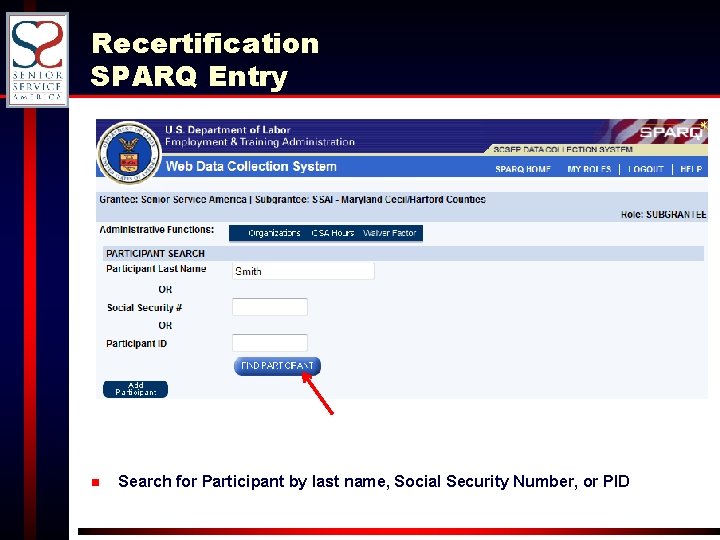 Recertification SPARQ Entry n Search for Participant by last name, Social Security Number, or