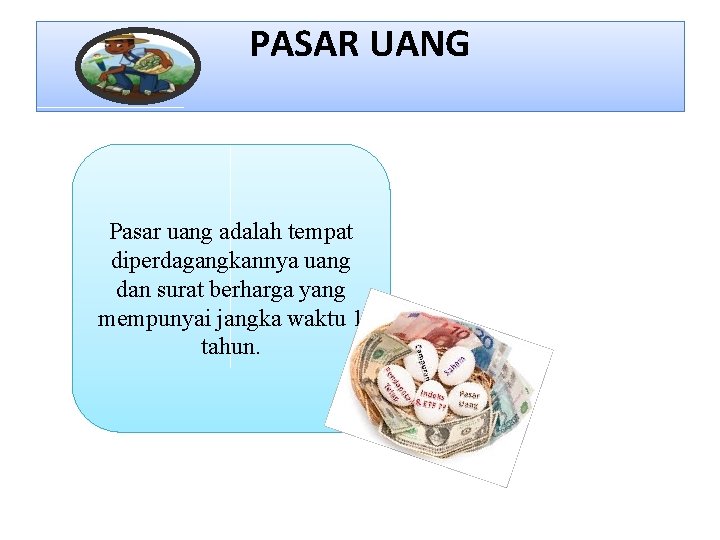 PASAR UANG Pasar uang adalah tempat diperdagangkannya uang dan surat berharga yang mempunyai jangka