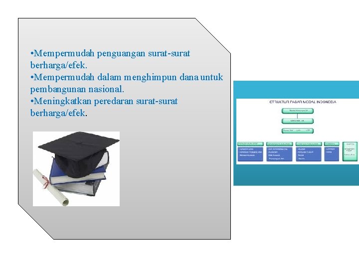  • Mempermudah penguangan surat-surat berharga/efek. • Mempermudah dalam menghimpun dana untuk pembangunan nasional.