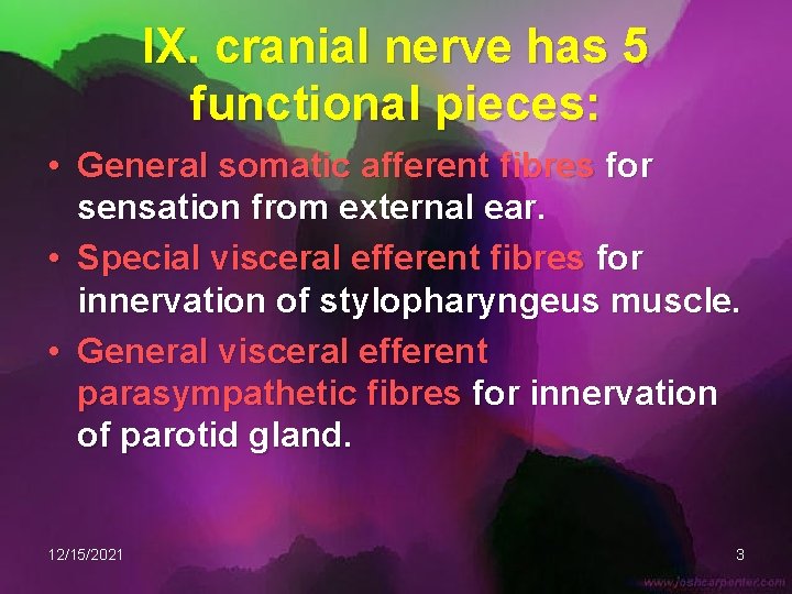 IX. cranial nerve has 5 functional pieces: • General somatic afferent fibres for sensation