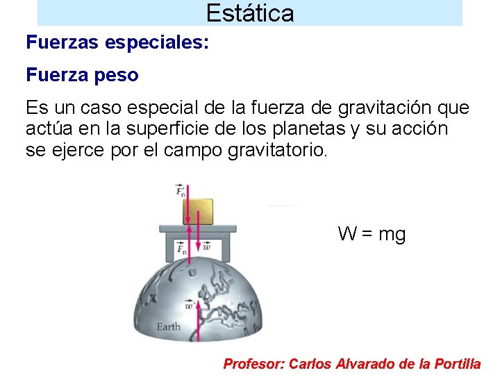 Estática Fuerzas especiales: Fuerza peso Es un caso especial de la fuerza de gravitación