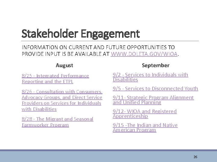 Stakeholder Engagement INFORMATION ON CURRENT AND FUTURE OPPORTUNITIES TO PROVIDE INPUT IS BE AVAILABLE