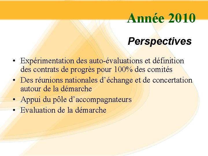 Année 2010 Perspectives • Expérimentation des auto-évaluations et définition des contrats de progrès pour