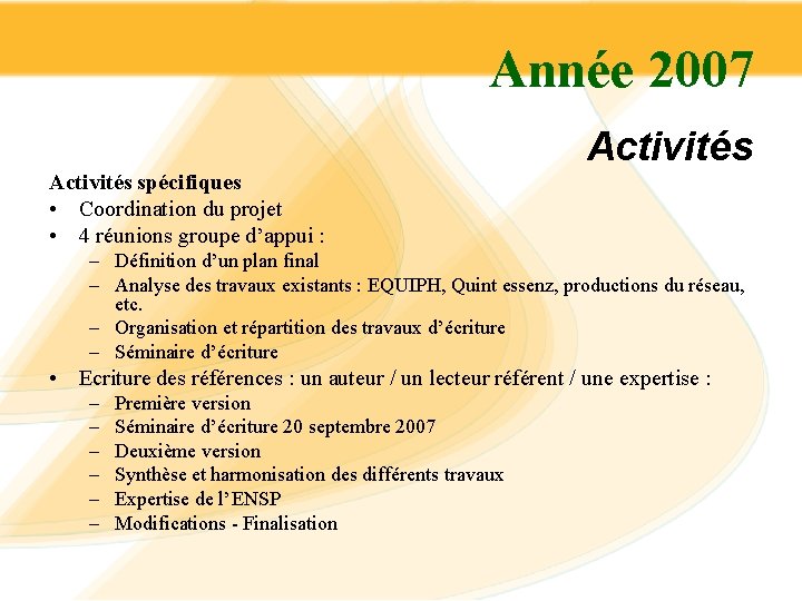 Année 2007 Activités spécifiques • Coordination du projet • 4 réunions groupe d’appui :