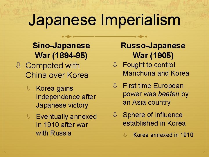 Japanese Imperialism Sino-Japanese War (1894 -95) Competed with China over Korea Russo-Japanese War (1905)